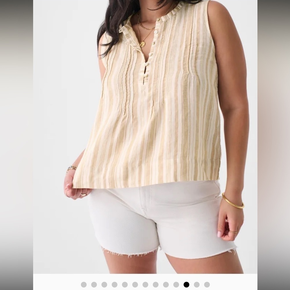 Faherty Isha Sleeveless Top Natural Bombay Stripe XL 100% Linen GUC shell button